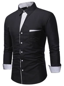 Manfinity Homme Men Striped Panel Pocket Front Shirt - Black - View 3