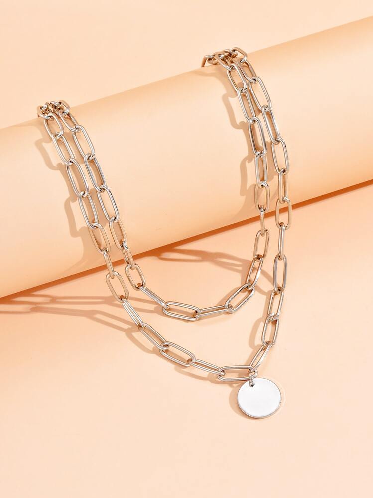 圓形吊飾多層次項鍊 - 銀色 - 查看 4