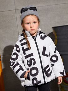 SHEIN Young Girls Letter Graphic Hooded Padded Coat - White - View 5