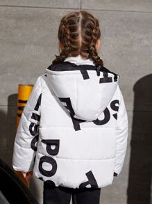 SHEIN Young Girls Letter Graphic Hooded Padded Coat - White - View 2