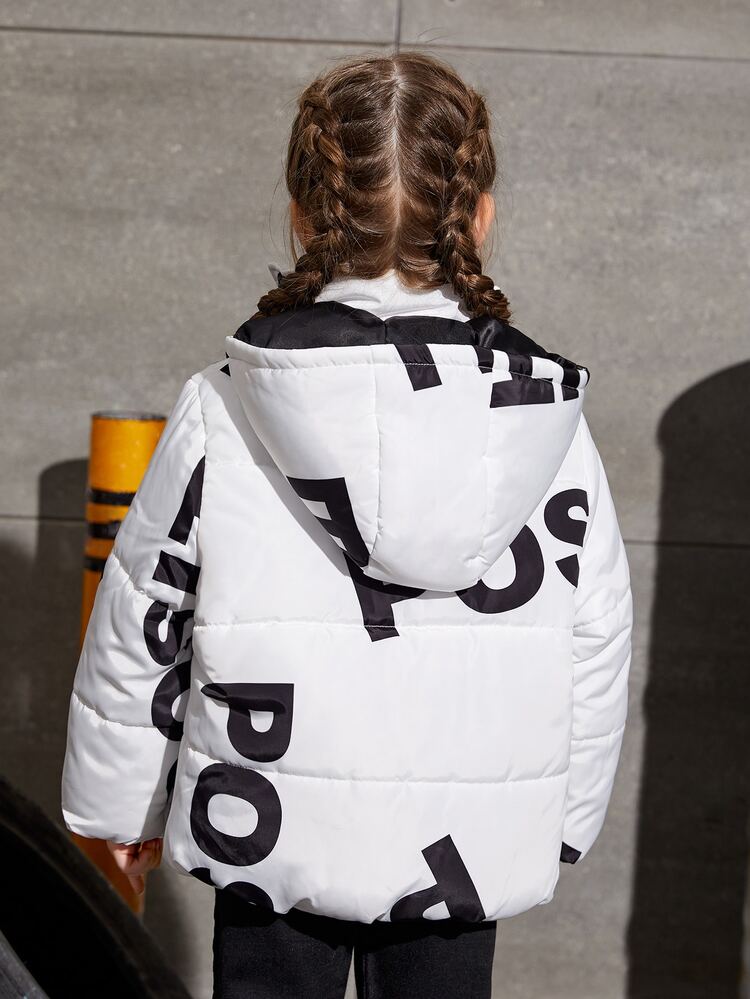 SHEIN 女童字母图案连帽棉服外套 - 白色 - 查看 2