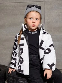 SHEIN Young Girls Letter Graphic Hooded Padded Coat - White - View 6