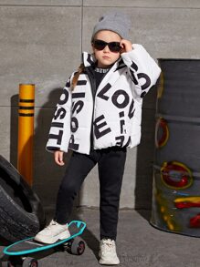 SHEIN Young Girls Letter Graphic Hooded Padded Coat - White - View 3