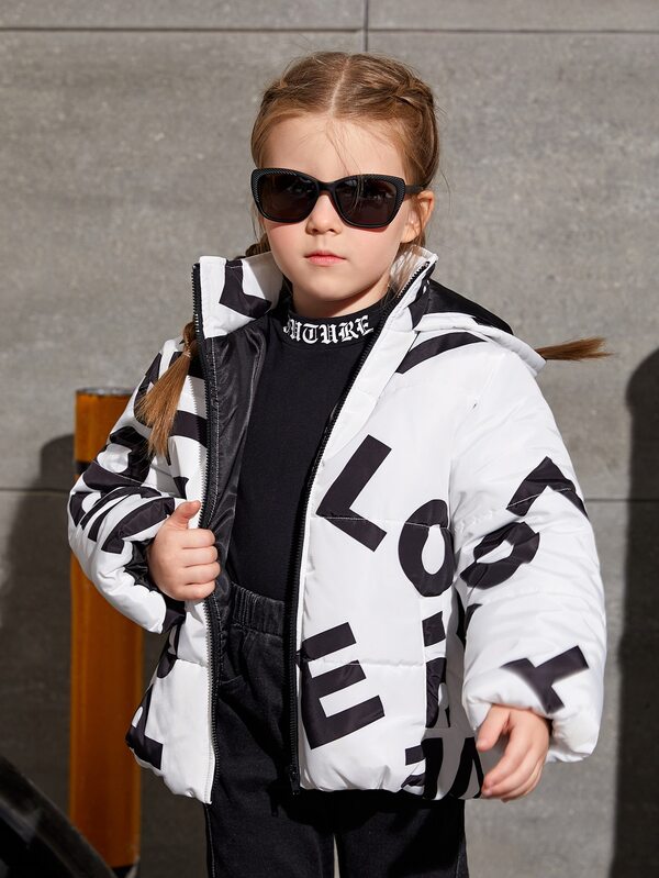 SHEIN Young Girls Letter Graphic Hooded Padded Coat