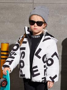 SHEIN Young Girls Letter Graphic Hooded Padded Coat - White - View 4