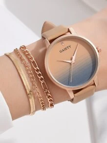 1入女士漸層圓形指針石英手錶＆1入分層手鍊 - 卡其色 - 查看 3