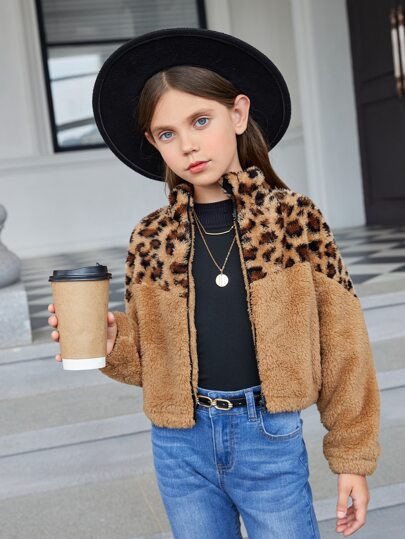 女孩豹紋圖案拉鏈開襟法蘭絨夾克