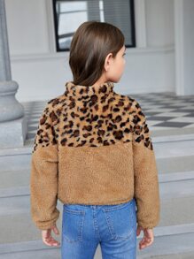 女孩豹紋圖案拉鏈開襟法蘭絨夾克 - 棕色 - 查看 2