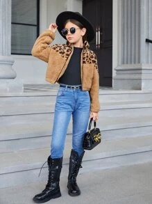 女孩豹紋圖案拉鏈開襟法蘭絨夾克 - 棕色 - 查看 3