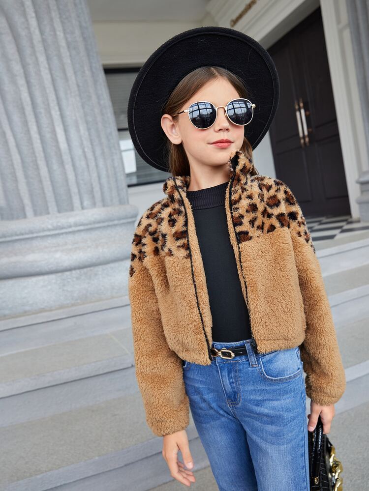 女孩豹紋圖案拉鏈開襟法蘭絨夾克 - 棕色 - 查看 4