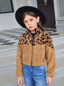 女孩豹紋圖案拉鏈開襟法蘭絨夾克 - 棕色 - 查看 5