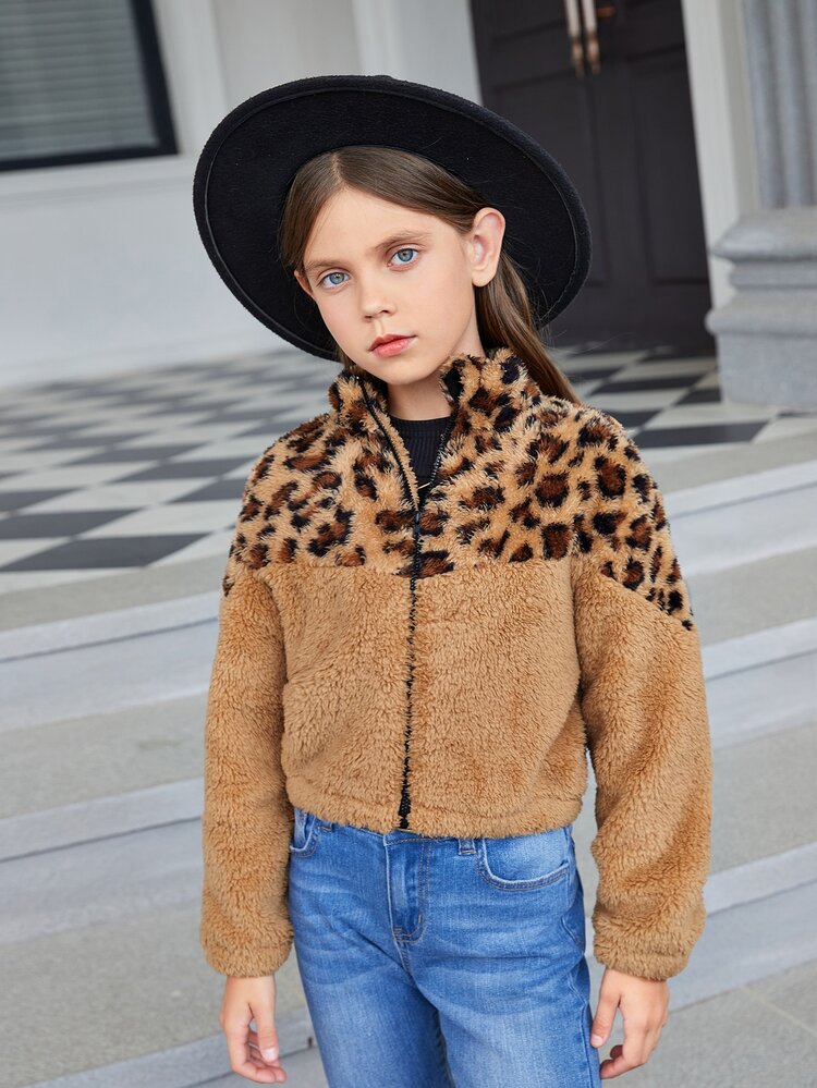 女孩豹紋圖案拉鏈開襟法蘭絨夾克 - 棕色 - 查看 5