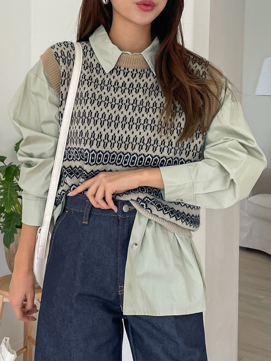 DAZY Chevron Print Sweater Vest & Drop Shoulder Shirt - Multicolor - View 1