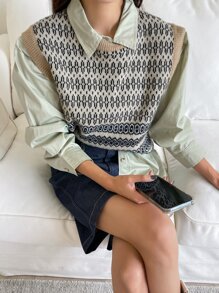 DAZY Chevron Print Sweater Vest & Drop Shoulder Shirt - Multicolor - View 2