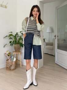 DAZY Chevron Print Sweater Vest & Drop Shoulder Shirt - Multicolor - View 3