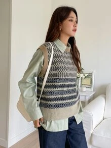 DAZY Chevron Print Sweater Vest & Drop Shoulder Shirt - Multicolor - View 4