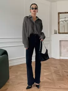 DAZY 纹理落肩纽扣前衬衫，秋季服装长袖上衣 - 深灰色 - 查看 5