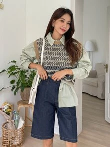 DAZY Chevron Print Sweater Vest & Drop Shoulder Shirt - Multicolor - View 5