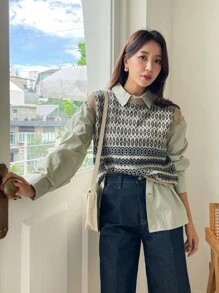 DAZY Chevron Print Sweater Vest & Drop Shoulder Shirt - Multicolor - View 6