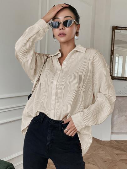 DAZY Textured Drop Shoulder Button Front Shirt,Fall Clothes Long Sleeve Top