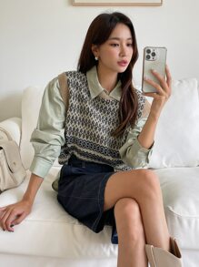 DAZY Chevron Print Sweater Vest & Drop Shoulder Shirt - Multicolor - View 7