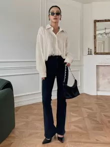 DAZY 纹理落肩纽扣前衬衫，秋季服装长袖上衣 - 米色 - 查看 8