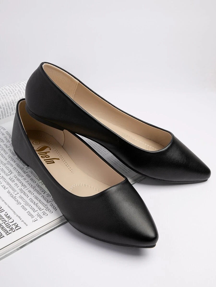 SHUZIA Elegant Black Pu Women's Low Heel Flat Shoes Sleek Pointed Toe Design Summer Shoes Spring Shoes Spring Break Easter Mother's Day Present For Christmas - Black - View 1