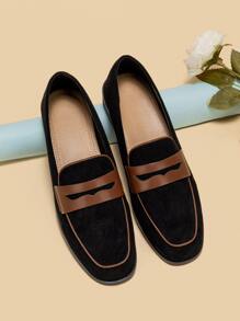 Contrast Piping Faux Suede Loafers - Black - View 1