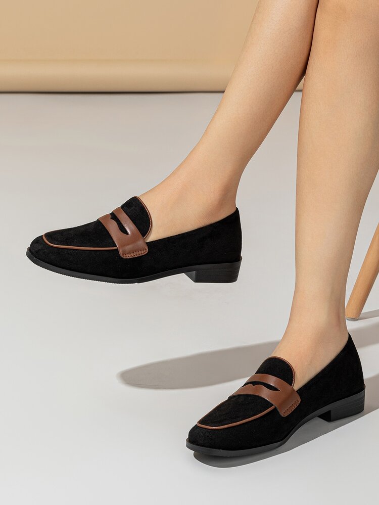 Contrast Piping Faux Suede Loafers - Black - View 3