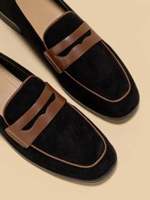 Contrast Piping Faux Suede Loafers - Black - View 6