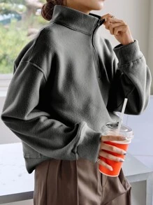 DAZY High Neck Drop Shoulder Fleece Sweatshirt - Grey - View 1