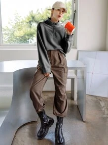 DAZY High Neck Drop Shoulder Fleece Sweatshirt - Grey - View 3