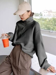 DAZY High Neck Drop Shoulder Fleece Sweatshirt - Grey - View 4