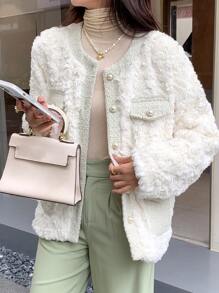 DAZY Contrast Trim Drop Shoulder Teddy Coat,Ladies Winter Elegant Contrast Binding,Double Button Regular Sleeve Round Neck Regular Fit Beige Plain Women Coats,Casual Daily Wear Women Jacket,Fall Women Clothes,Thermal Lined - Beige - View 1