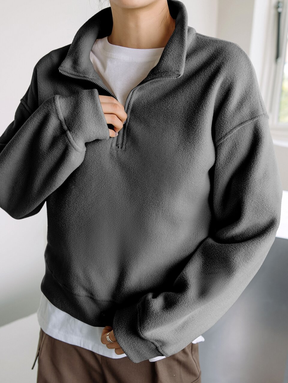 High Neck Drop Shoulder Fleece Sweatshirt