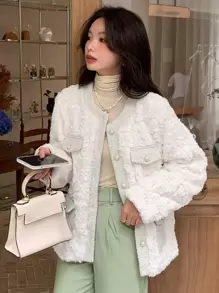DAZY Contrast Trim Drop Shoulder Teddy Coat,Ladies Winter Elegant Contrast Binding,Double Button Regular Sleeve Round Neck Regular Fit Beige Plain Women Coats,Casual Daily Wear Women Jacket,Fall Women Clothes,Thermal Lined - Beige - View 8