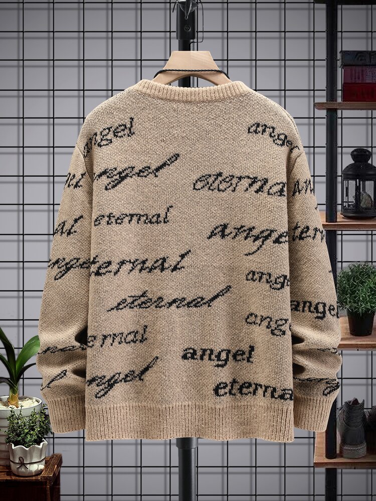 Manfinity Homme Men Letter Pattern Drop Shoulder Sweater Without Necklace - Khaki - View 2
