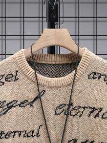 Manfinity Homme Men Letter Pattern Drop Shoulder Sweater Without Necklace - Khaki - View 3