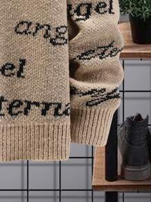 Manfinity Homme Men Letter Pattern Drop Shoulder Sweater Without Necklace - Khaki - View 4