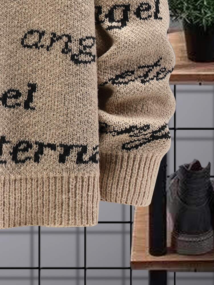 Manfinity Homme Men Letter Pattern Drop Shoulder Sweater Without Necklace - Khaki - View 4