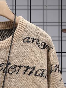 Manfinity Homme Men Letter Pattern Drop Shoulder Sweater Without Necklace - Khaki - View 5