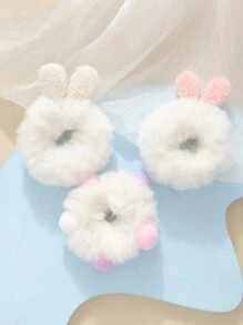 3 piezas Goma para pelo con oreja de conejo & con diseño de pompón mullido - Multicolor - Ver 1