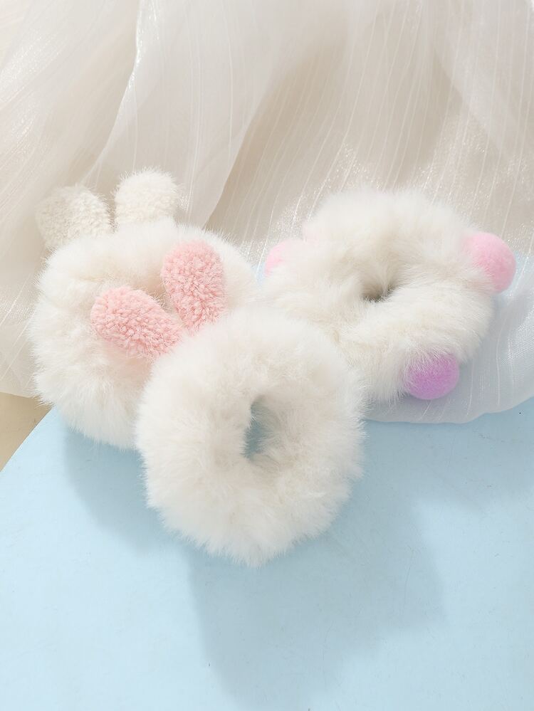 3pcs Rabbit Ear & Pom Pom Decor Fluffy Hair Tie - Multicolor - View 2