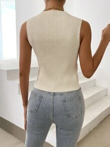 SHEIN Privé Solid Ribbed Knit Top - Beige - View 6