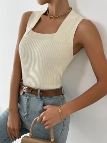 SHEIN Privé Solid Ribbed Knit Top - Beige - View 1