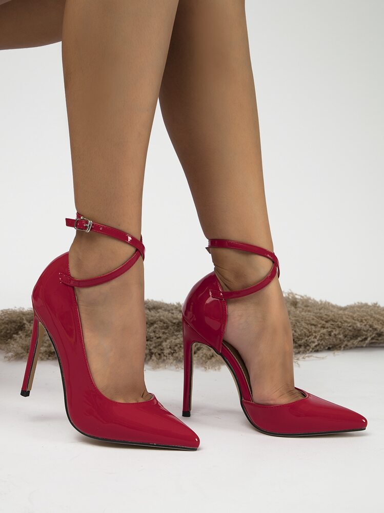細跟踝帶高跟鞋 - 紅色 - 查看 1