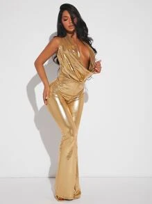 SHEIN SXY 垂墜露背PU皮革繞頸連體褲 - 金色 - 查看 1