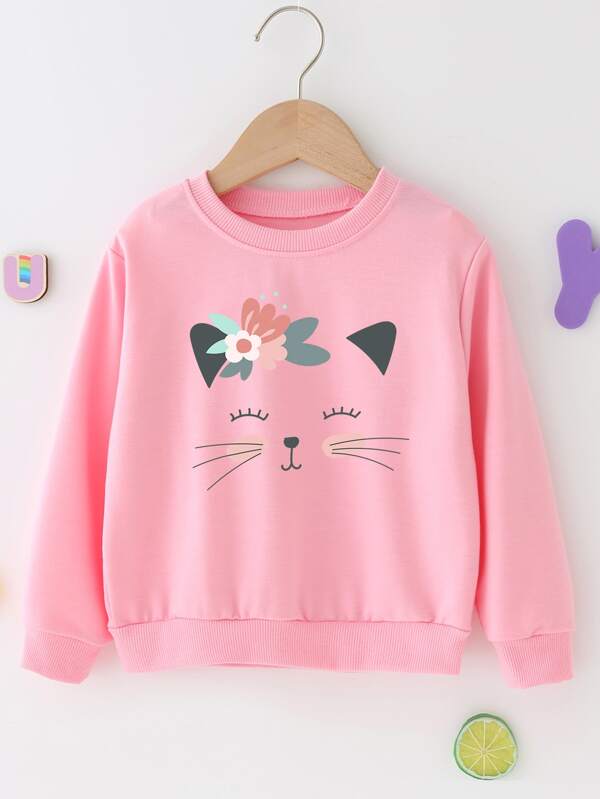 SHEIN Young Girl Cartoon Cat Print Sweatshirt