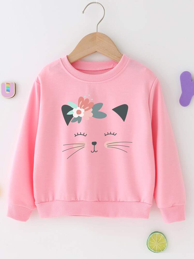 Young Girl Cartoon Cat Print Sweatshirt