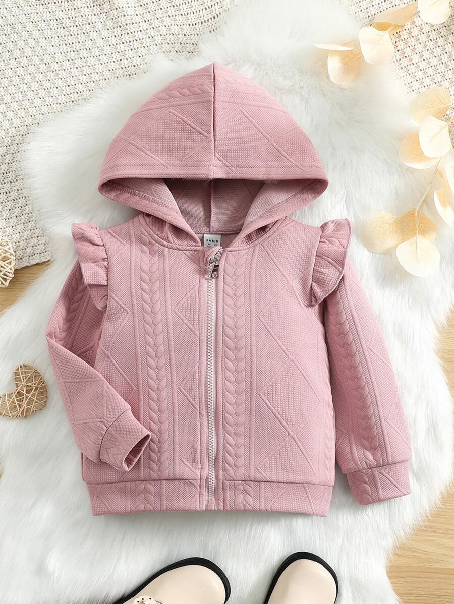 SHEIN Toddler Girls Ruffle Trim Zip Up Hooded Jacket - Dusty Pink - View 1